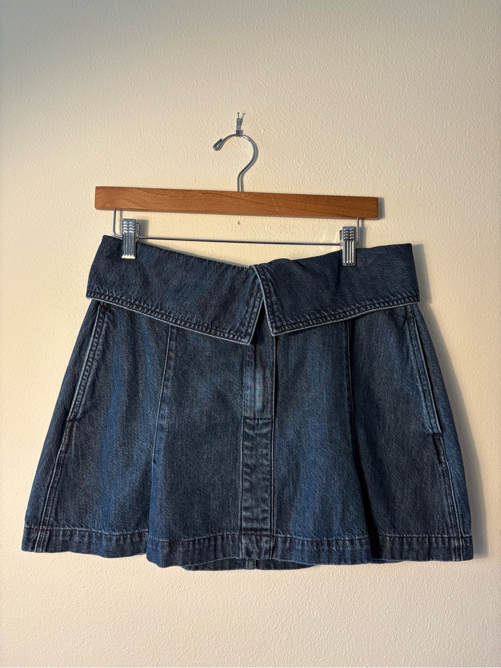Madewell Dark Wash Denim Foldover Waist Pleated Mini Skirt Pockets - 28 - Picture 4 of 6